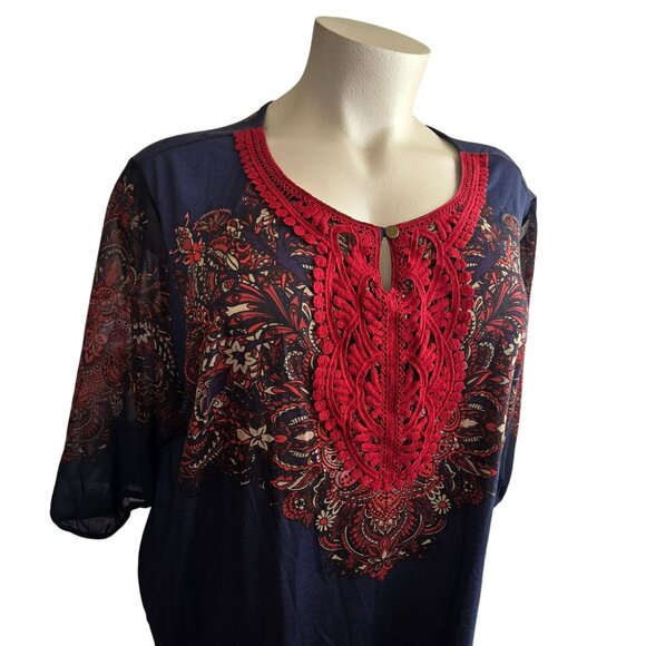 Catherines 3X 26/28W Womens Top Boho Style Keyhole Neckline Navy Red JJ4044 - Picture 5 of 12